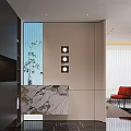 Modern Minimalist Entryway Hallway With Marble Countertop Green Plant And Circular Wall Lights