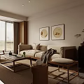 Modern Minimalist Living Room Interior With Beige Sofa Circular Artworks And Wooden Coffee Table
