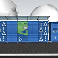 Public Waste Sorting Facility With Blue Containers White Symbols Shelter And Trees On Brick Pavement