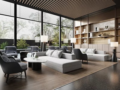 Modern Spacious Sales Office Interior With Large Windows Greenery Sofas Chairs And Bookshelves 3d model