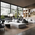 Modern Spacious Sales Office Interior With Large Windows Greenery Sofas Chairs And Bookshelves