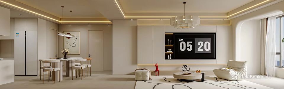 Modern Living and Dining Area with Chandelier White Cabinets Round Coffee Table and Decorative Rug 3d model 