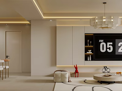Modern Living and Dining Area with Chandelier White Cabinets Round Coffee Table and Decorative Rug 3d model