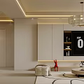 Modern Living and Dining Area with Chandelier White Cabinets Round Coffee Table and Decorative Rug