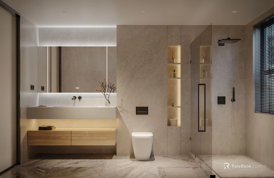 Modern Bathroom Interior Design With Marble Walls Vanity And Glass Shower Enclosure 3d model 