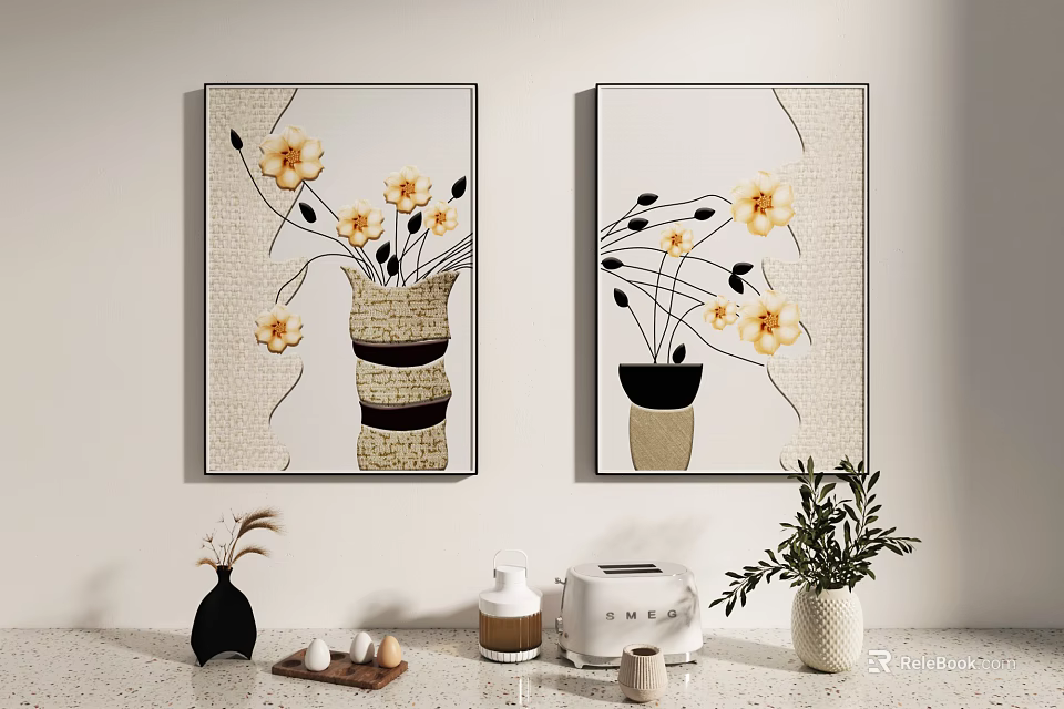 Decorative Wall Paintings With Yellow Flowers Vase In Living Room Interior 3d model 