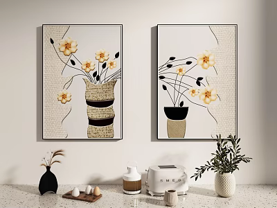 Decorative Wall Paintings With Yellow Flowers Vase In Living Room Interior 3d model