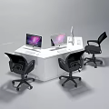 Modern White L Shaped Office Desk With Three Computer Monitors And Black Chairs