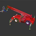 Red Utility Vehicle Featuring Telescopic Crane Arm Forklift Attachment And Safety Ladders