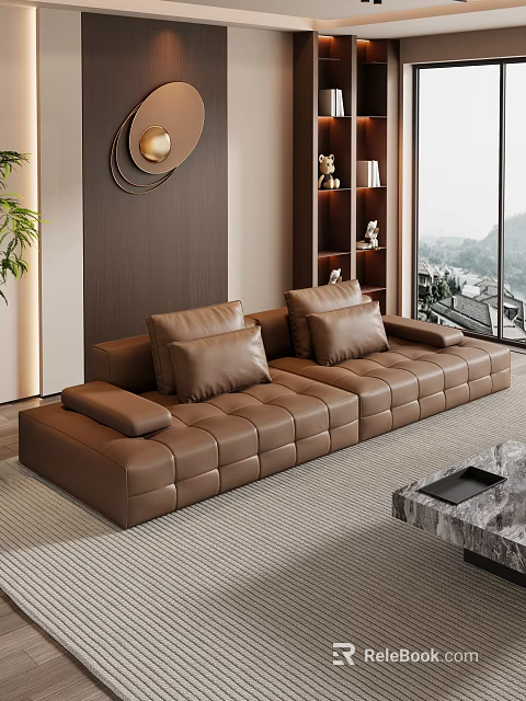 Brown Leather Tufted Sofa Set In Modern Living Room With Large Window 3d model 