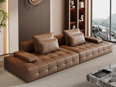 Brown Leather Tufted Sofa Set In Modern Living Room With Large Window 3d model
