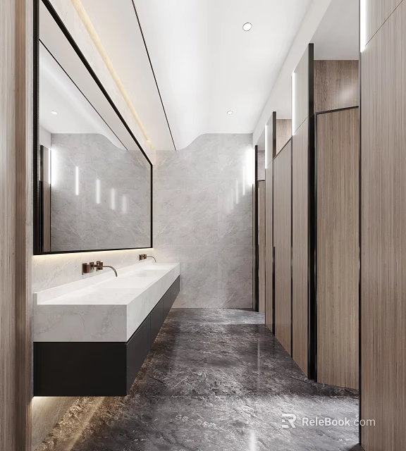 Modern Public Restroom with Marble Countertop Large Mirror and Wooden Stalls Gray Walls and Lighting 3d model 
