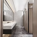 Modern Public Restroom with Marble Countertop Large Mirror and Wooden Stalls Gray Walls and Lighting