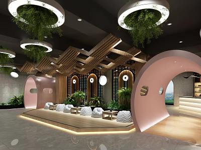 Modern SPA Sauna Interior Design With Circular Lights Green Plants Wooden Structures And Comfortable Seats 3d model