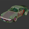 Silver Retro Sports Car With Large Rear Wing Red White Stripes And Round Headlights