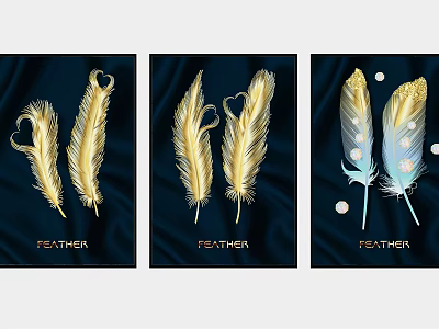 Decorative Gold And Blue Feather Artworks With Dark Background Text 3d model