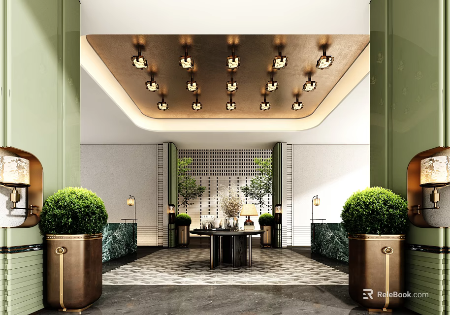 Modern Luxurious Hotel Lobby Interior With Decorative Ceiling Lights Green Plants And Brass Planters 3d model 