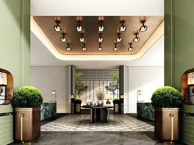 Modern Luxurious Hotel Lobby Interior With Decorative Ceiling Lights Green Plants And Brass Planters 3d model