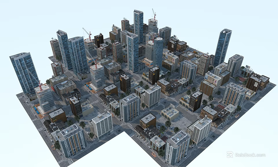 Aerial View Urban Planning Of Modern City With High Rise Buildings And Construction Cranes 3d model 