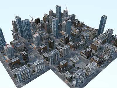 Aerial View Urban Planning Of Modern City With High Rise Buildings And Construction Cranes 3d model