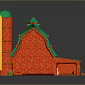 Cartoon Barn Scene With Red Walls Green Roof Chimney Wooden Doors And Green Grass