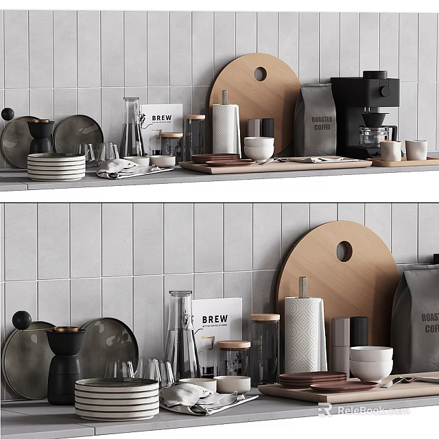 Modern Kitchen Interior With Round Cutting Board Coffee Maker Stacked Plates And Glass Jars 3d model 
