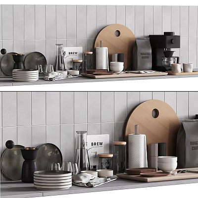 Modern Kitchen Interior With Round Cutting Board Coffee Maker Stacked Plates And Glass Jars 3d model