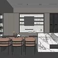 Modern Restaurant Kitchen Interior With Dark Cabinets Marble Island Brown Chairs And Warm Lighting