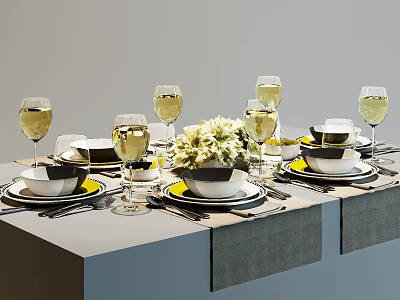 Modern Elegant Tableware Set with Black White Yellow Plates Cups Wine Glasses and Flower Arrangement 3d model