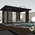 Modern Outdoor Wooden Pergola With Stone Decor Garden Furniture And Green Plants