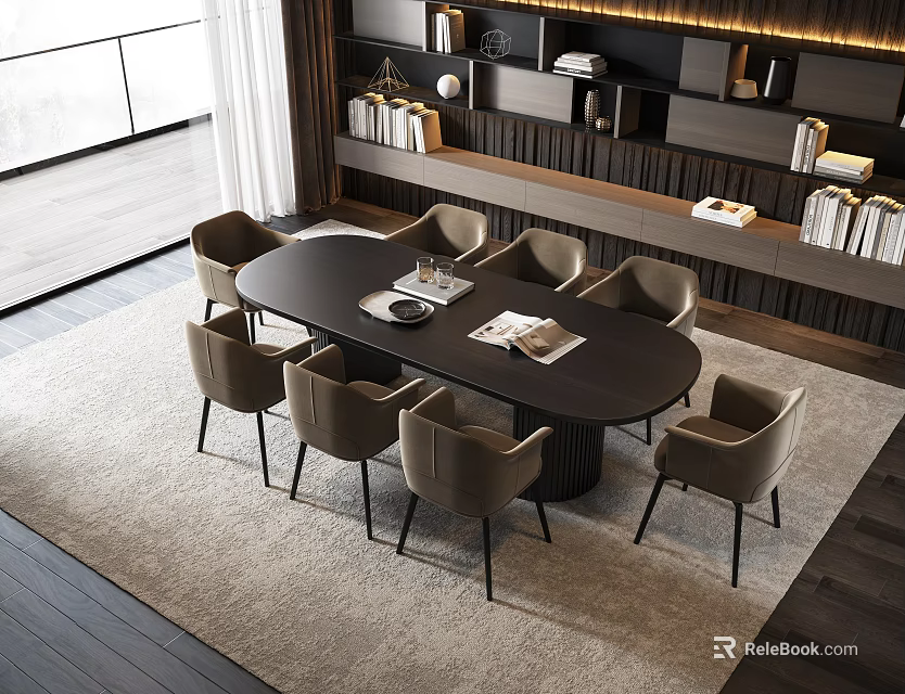 Modern Dining Table Set With Oval Dark Tabletop Eight Light Brown Chairs And Light Rug 3d model 