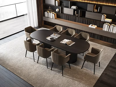 Modern Dining Table Set With Oval Dark Tabletop Eight Light Brown Chairs And Light Rug 3d model