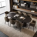 Modern Dining Table Set With Oval Dark Tabletop Eight Light Brown Chairs And Light Rug