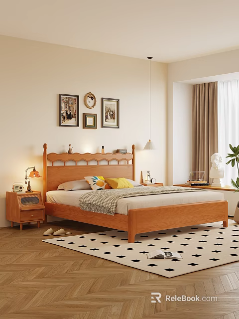 Natural Solid Wood Double Bed With Full Bedding For Warm Cozy Home Bedroom Design 3d model 