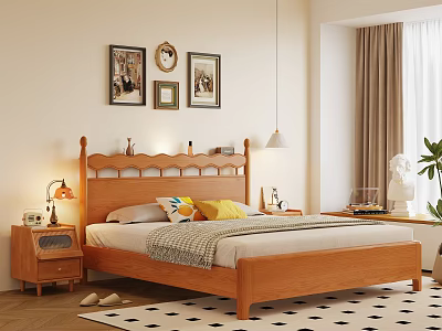 Natural Solid Wood Double Bed With Full Bedding For Warm Cozy Home Bedroom Design 3d model