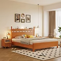 Natural Solid Wood Double Bed With Full Bedding For Warm Cozy Home Bedroom Design