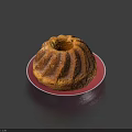 Golden Brown Bundt Cake on Red Plate with Blue Background and Swirled Texture