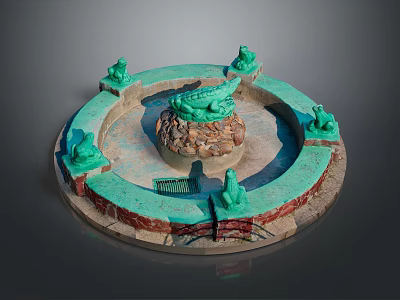 Circular Decorative Fountain With Green Crocodile Center And Five Frogs Sculptures 3d model