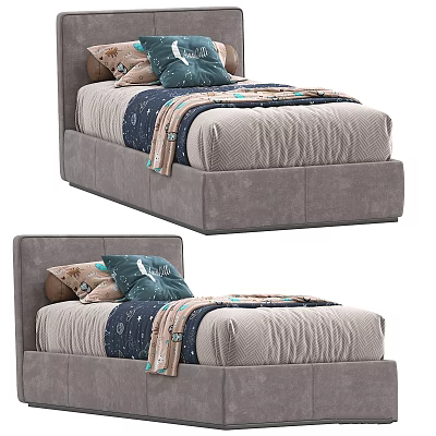Modern Kids Bed With Upholstered Headboard Storage Drawers And Cozy Bedding 3d model
