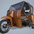 Vintage Brown Three Wheeled Motorcycle With Canopy Windshield And Light Colored Seat