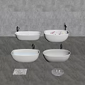 White Oval Freestanding Bathtubs with Flower Petals on Gray Marble Surface Slippers and Bath Mat