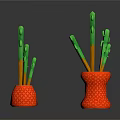 Two Green and Brown Branch Cactus in Orange Woven Pots on White Background