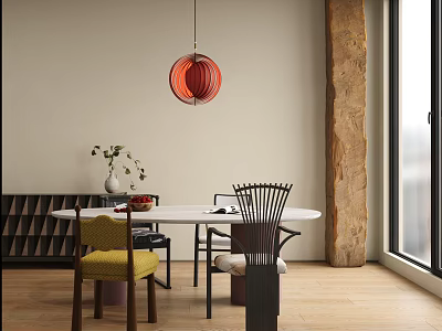 Modern Minimalist Dining Table Set With Red Pendant Light Plant Vase And Wooden Elements 3d model