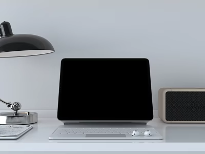 Modern Tablet With Keyboard Wireless Earbuds Desk Lamp And Speaker Desktop Setup 3d model