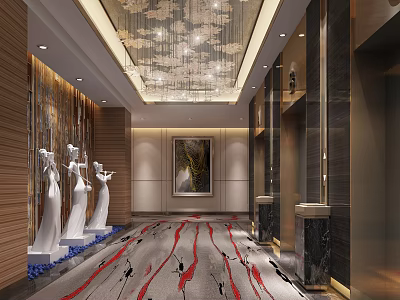 Modern Luxury Elevator Hallway With Crystal Chandelier Marble Walls Three Figurines Artistic Carpet Decorative Painting 3d model