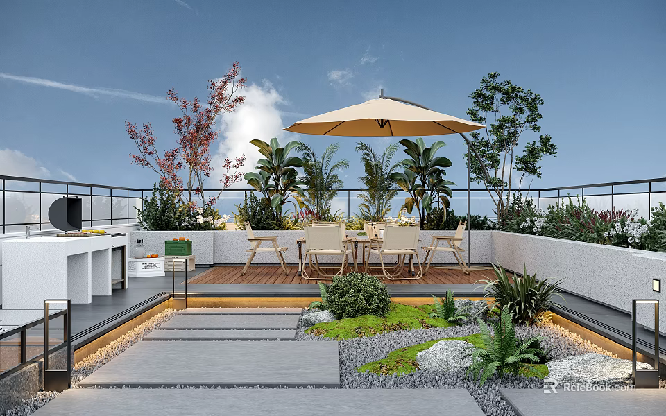 Roof Terrace Garden with Umbrella Table Chairs Various Plants Stone Path Lawn and Decorative Stones 3d model 
