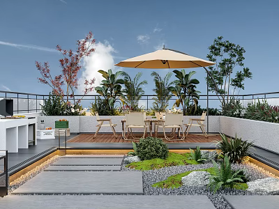 Roof Terrace Garden with Umbrella Table Chairs Various Plants Stone Path Lawn and Decorative Stones 3d model