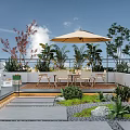 Roof Terrace Garden with Umbrella Table Chairs Various Plants Stone Path Lawn and Decorative Stones
