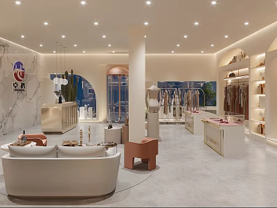 Modern Clothing Store Interior With Marble Decor Sofa Seating And Fashion Display Racks 3d model