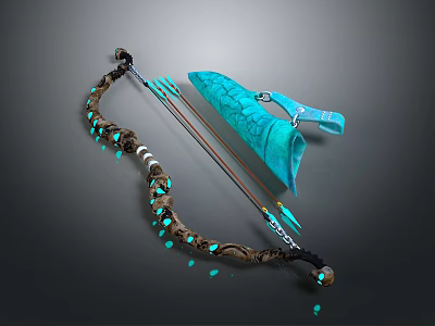 Decorative Traditional Bow With Turquoise Accents Arrows And Matching Quiver 3d model